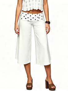 Women 's Fold Over Lounge Capris Wide Leg Low Rise Cropped Gaucho Pants Solid Color Flowy Pajama Bottom - Màu trắng chấm bi - Xem 4