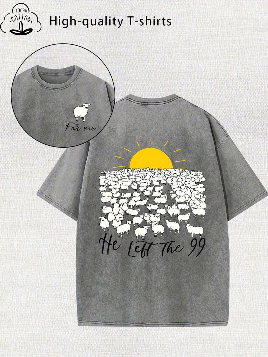 Women's 2026 T-Shirt Made Of Pure Cotton With A Modern Print, Vintage Washed Cotton, Vintage Street Style, Round Neck, Short Sleeves, Machine Washable, Suitable For Casual Wear In Pr - 灰色 - 查看 1
