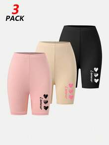 Tween Girls Spring/Summer Casual Versatile 3-Piece Set: Simple Comfortable Heart Print Cycling Shorts And Leggings - Multicolor - View 2