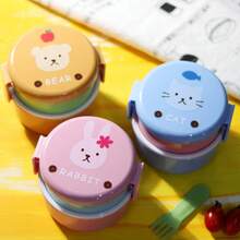 Kids Lunch Box With Animal Design, Double Layer Japanese Round Bento Box, 540ml, Fruit And Snack Box, Microwave - Blue - View 8