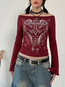 Fashionable Casual Y2K Women's Cross Print Off Shoulder Flare Sleeve Top Spring Red - Red - View 1