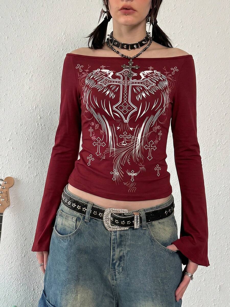 Fashionable Casual Y2K Women's Cross Print Off Shoulder Flare Sleeve Top Spring Red - Red - View 1