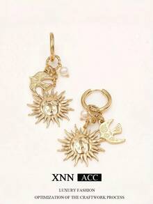 1 par de pendientes con colgante de sol, diseño de nicho retro de moda con estrella & pájaro en capas, joyería de oreja exagerada, adecuado para el uso diario de las mujeres - Dorado - Ver 4