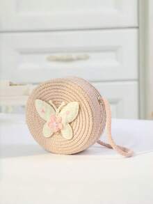 1pc New Style Children's Straw Woven Cute Flower Coin Purse Crossbody Small Round Bag - Butterfly - View 8