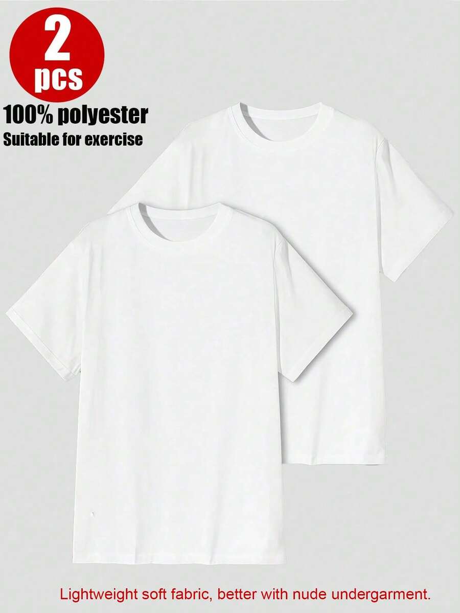 2Pack/Set Basic Black Crew Neck Tees Soft Polyester Breathable Fabric Short-Sleeve Crew Neck Tee, Versatile Layering Essential, Casual Basic Top - White - View 1