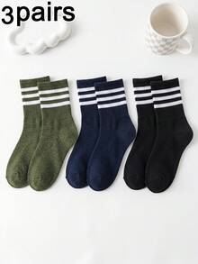 3 Pares de Meias Unissex de Cano Médio, Casual Retrô Listrada Minimalista Versátil Amigável à Pele Respirável Uso Diário Deslocamento Esportes ao Ar Livre - Multicolorido - Visão 3