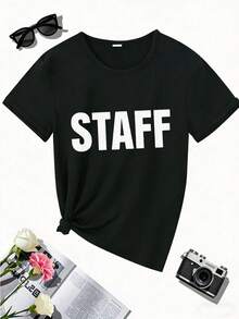 Camiseta con estampado en letras negras "STAFF", de manga corta y cuello redondo, top casual para verano y primavera, ropa de mujer - Negro - Ver 2