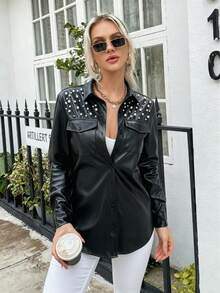 Women's Collared Pearl Embellished Shirt Black Fall - Black - View 3