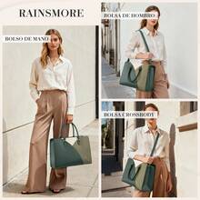 Women's Waterproof Tricolor PU Leather Office Tote Bag, Fits 15.6" Laptop, Detachable Strap, Stylish Design, Ideal For Office, Meetings, Shopping, Air Travel And Everyday Use - 墨綠色 - 查看 3