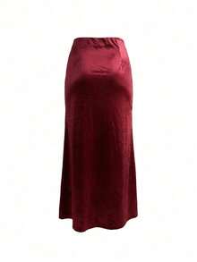 Women's Solid Satin High Elastic Midi Skirt, Elegant A-Line Slip Skirt - Burgundy - View 9