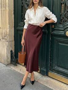 Women's Solid Satin High Elastic Midi Skirt, Elegant A-Line Slip Skirt - Burgundy - View 3