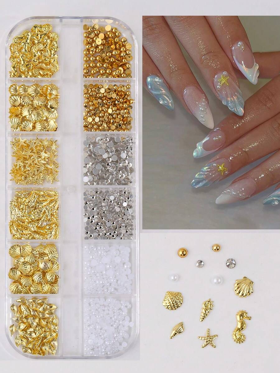 12-Grid Ocean Series Nail Art Accessories, Rivet Seahorse, Starfish, Shell, Conch, Flat Bottom Resin Pearl, Rhinestone Mixed Pack, DIY Nail Decoration - Multicolor - View 1