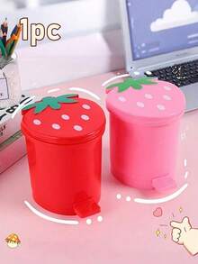 1pc Cute Strawberry Shaped Desktop Trash Can, Creative Strawberry Office Desk Storage Container, Cartoon Strawberry Plastic Lid Trash Can, Suitable For Office And Home Organization, Portable Storage, Home Storage - Multicolor - View 10