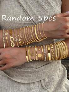 23/12/10/5pcs Multi-Layered Old Money Style Bracelet Set, Geometric Flower Ribbon Heart Butterfly Infinity Symbol Rhinestone Bling Shiny Disc Twisted Wave Bead Starburst Embossed Texture Mesh Chain Elastic Rope Lock Chain Cuban Chain Snake Bone Chain Box Chain Polished Minimalist Metal Style, Fashion Simple Elegant Exquisite Vintage Design For Holiday Vacation Party Date Gift Daily Commute Wear (Randomly Shipped) - Yellow Gold - View 9