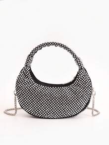 Mini Hobo Bag In A Crescent Shape, Fully Covered In Rhinestones, Integrated Circular Handle With Bow, Zipper, Various Colors, Women's Party, Wedding, Birthday Gift - Burgundy - View 2
