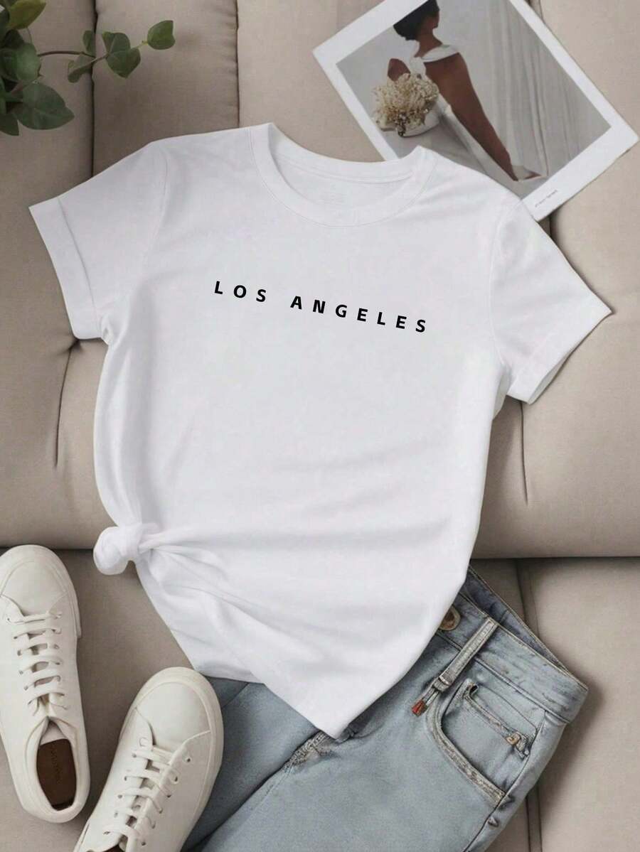 Women's Unity Letter Slogan Short Sleeve T-Shirt, LOS ANGELES Graphic Tees, Women's Tops - 白色 - 查看 1
