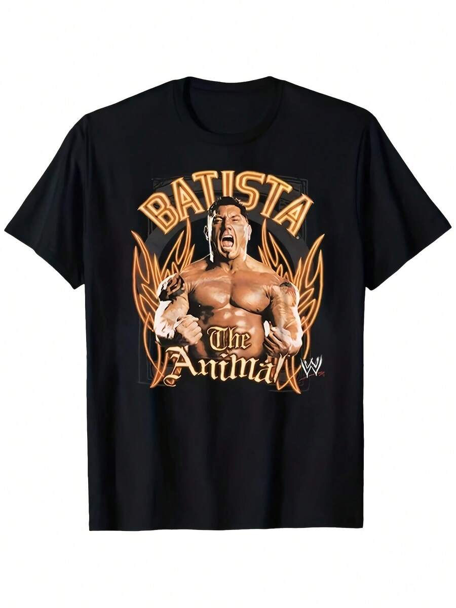 Camiseta de hombre con diseño de Batista The Animal Wrestling | Diseño robusto y resistente Flaming-Arm y diseño característico de Batista, tejido transpirable y suave, cuello redondo, estilo casual, ligeramente elástico, adecuado para todas las estaciones. - Negro - Ver 1