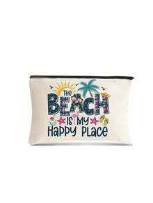"Beach Is My Happy Place" Tropical Beach Theme Zipper Makeup Bag For Women, Portable Travel Toiletry Bag Organizer For Cosmetics And Toiletries, 6 Colors Available, Portable Organizer Bag, Beach Bag, Travel Bag, Travel Makeup Bag, Summer Vacation Accessory And Back To School Gift, Perfect For Birthday, Thanksgiving - Multicolor - View 15