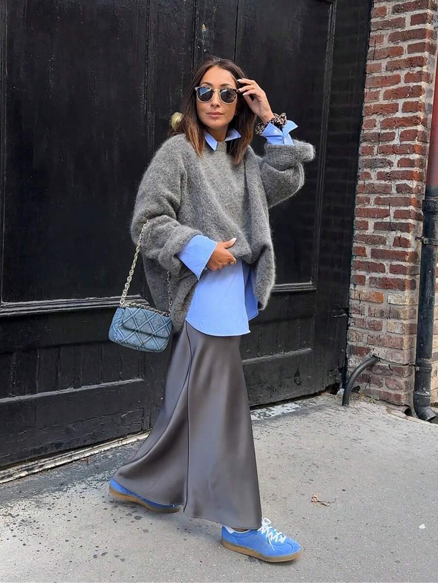 Women's Round Neck Fuzzy Knit Sweater, Dropped Shoulder Loose Long Sleeve Top, Soft Autumn/Winter Layering Commuter Knitwear - Grey - View 1