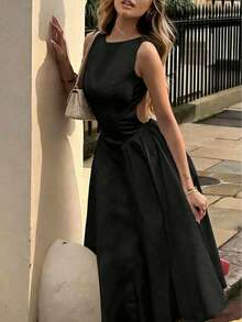 Elio Closet 女款夏季新款時尚百搭修身 A 字洋裝，優雅極簡性感度假約會下午茶無袖洋裝，黑色 - 黑色 - 查看 9
