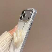 1件新款Ins時尚奢華優雅3D DIY水鑽珍珠花朵手機殼，水鑽珍珠十字花設計，粉色/白色2色可選，韓系高級時尚風格，專為Apple 17/16/15/14/13/12/11/8/7/X/Pro、Promax及其他機型設計，具防摔功能，適合女孩的理想禮物，亦適合作為生日或情人節禮物 - 白色 - 查看 4