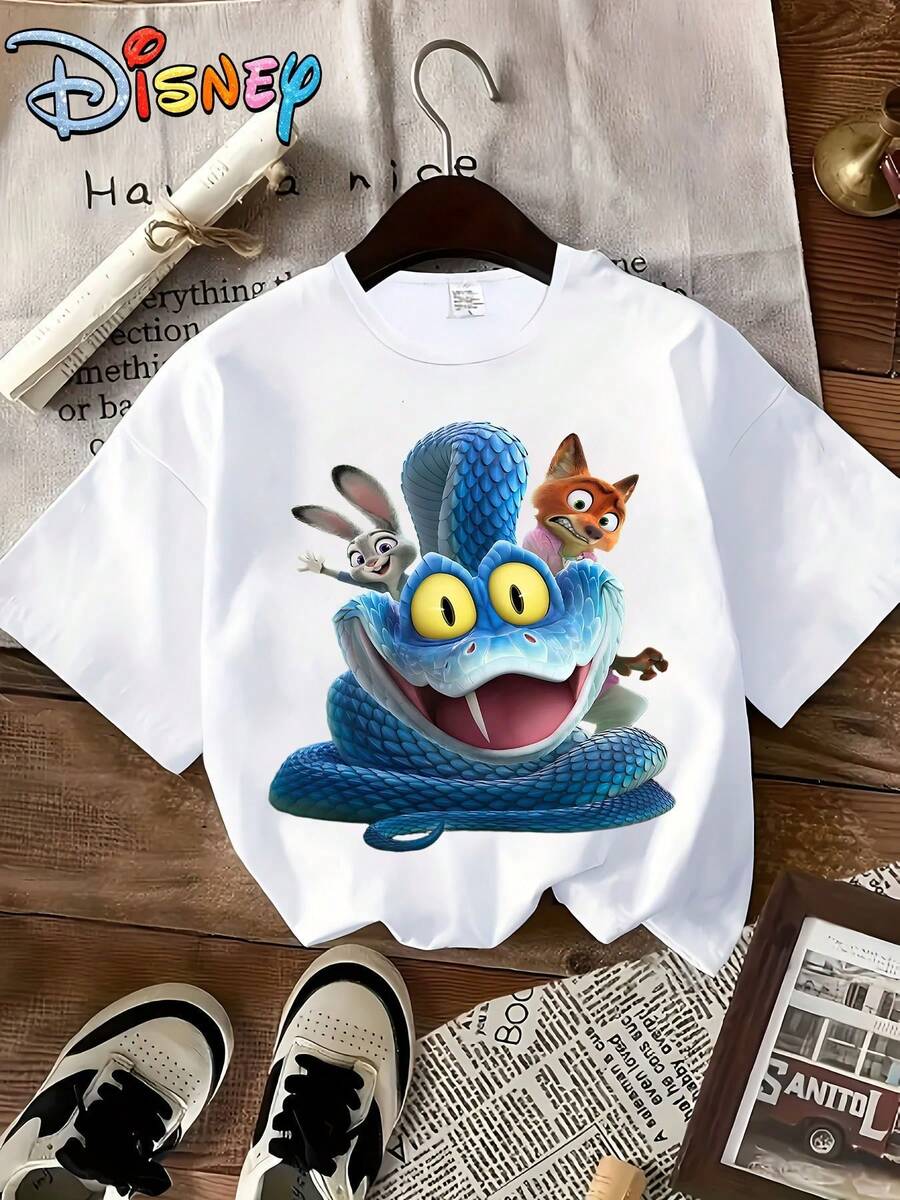(Loose Version)Disney Zootopia 2 Judy, Nick, And Gary Printed Round-Neck Short-Sleeve T-Shirt, Machine-Washable Fabric, Suitable For DailyThemed - 白色 - 查看 1