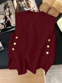 1 pieza Conjunto casual de verano para mujer de unicolor con cuello redondo y botón lateral de metal, chaleco sin mangas de punto dividido y top tipo tank de moda para mujer - Burdeos - Ver 1