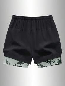 Shorts Esportivos 2 em 1 com Forro Camuflado para Homens, Shorts de Corrida e Fitness com Bolso para Celular e Cordão na Cintura, Shorts de Treinamento Atlético - Preto - View 4