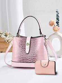 Crocodile Pattern Bucket Handbag, Glossy Patent Leather Top Handle Satchel Bag, Women Crossbody Shoulder Purse With Twist Lock Closure - Apricot - View 11