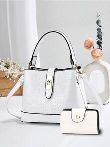 Crocodile Pattern Bucket Handbag, Glossy Patent Leather Top Handle Satchel Bag, Women Crossbody Shoulder Purse With Twist Lock Closure - Apricot - View 12