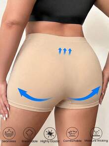 1piece Of Plus Size Women's Black Seamless Panties, Elastic Breathable Comfortable Basic Model Shorts, Fat Ladies Breathable Boxer - Apricot - View 3