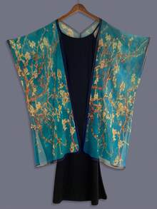 Elegant Summer Plum Blossom Artistic Floral Graffiti Print Chiffon Bohemian Style Casual Loose Cover Up Beach Travel Vacation Women's Cover-Up Thin Outerwear Shawl Beach Sun Protection Top Air Conditioning Shirt Beach Cover-Up - Dark Green - View 6