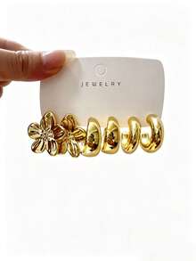 6/18PCS Women's Fashion Stud Earrings Set, Suitable For Daily Wear, Vacation, Gifts, Etc. (Lightweight CCB Material, Non-Fading/No Ear-Pulling Sensation) - Gold - View 10