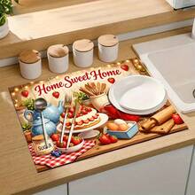 1 pieza Tapete de secado de platos, tapete para máquina de café, tapete absorbente de fibra de poliéster con estampado de tema de horneado acogedor, duradero y altamente absorbente, adecuado para mesa de comedor, cafetería y otros escenarios, el patrón incluye pastel de fresa, juego de té, utensilios de horneado y otros elementos cálidos de cocina, tapete de drenaje multiusos, regalo para el hogar, decoración de mesa - XYLSD-531 - Ver 7