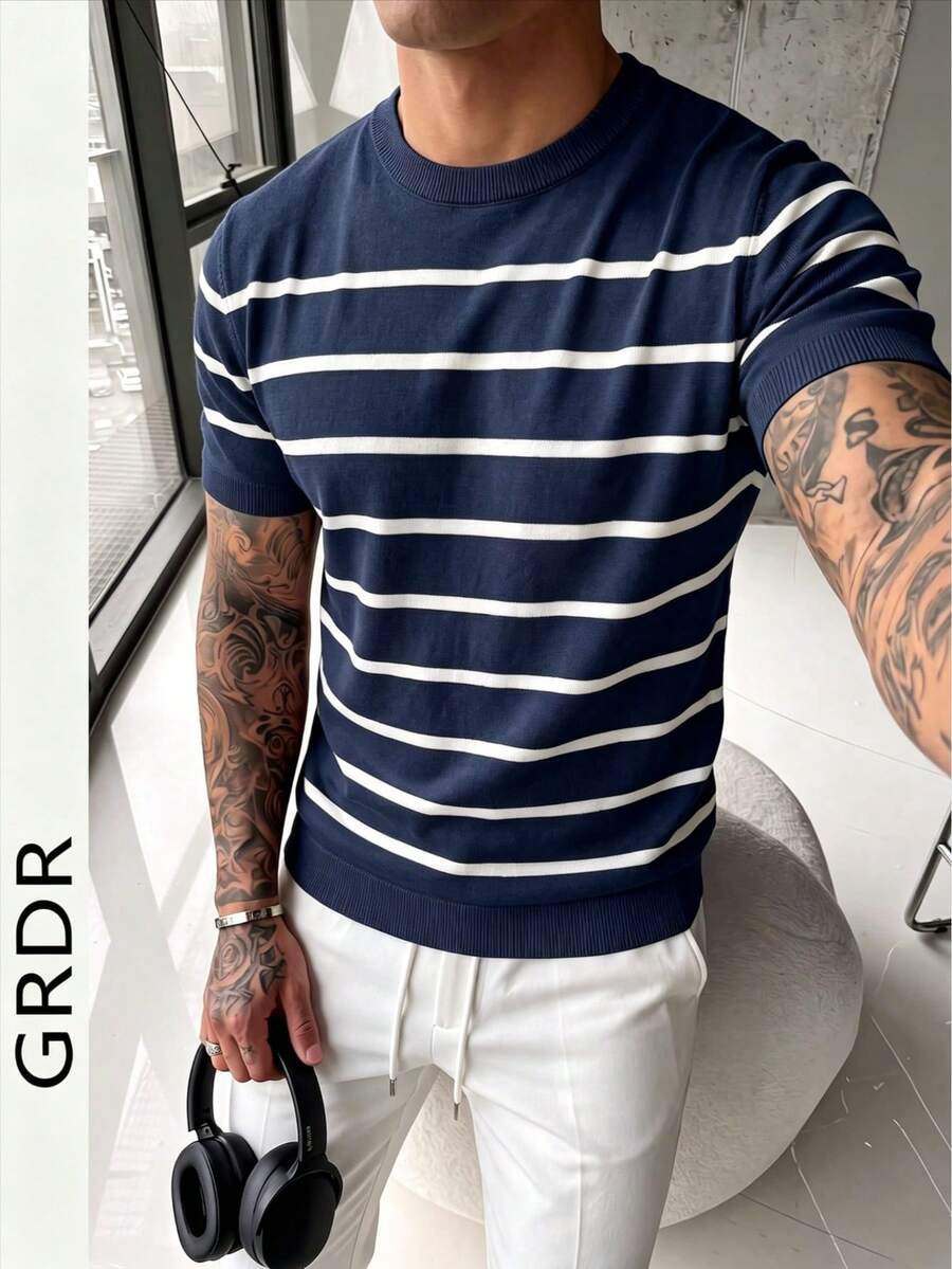GRDR 男士夏季针织条纹短袖衬衫，适合夏季度假和休闲穿着