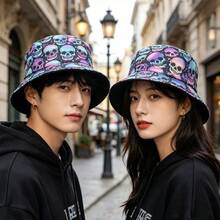 1件/3件萬聖節哥德式骷髏花卉可翻面漁夫帽，休閒旅行漁夫帽，綠色骷髏漁夫帽，中性戶外遮陽帽 - 彩色 - 查看 8