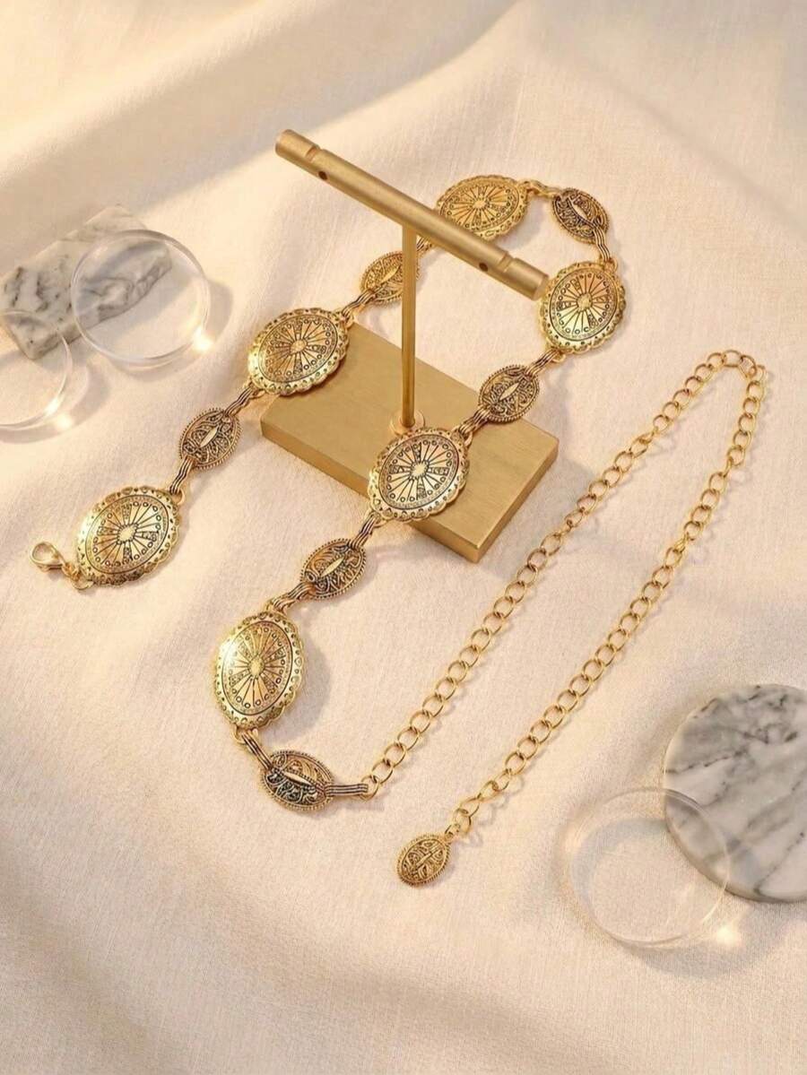 1件中東風金屬雕花腰鍊,女款復古百搭洋裝飾品 - 金色 - 查看 1