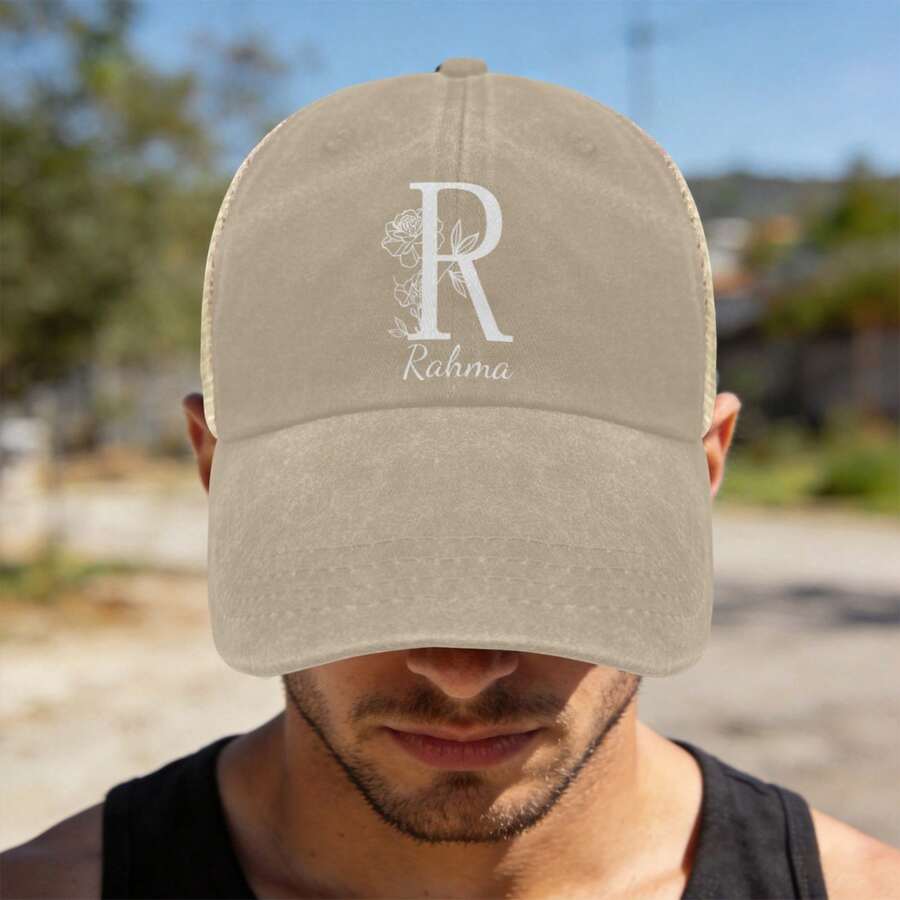 Custom Floral Rose A-Z Initial & Personalized Name Mesh Back Trucker Hat, Adjustable Breathable Vintage Trucker Cap, Multi-Occasion Gift For Father's Day Birthday Holiday For Men Women - Khaki - View 1