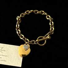 1pc Stainless Steel Heart Shaped Bracelet, Fashionable, Versatile, Simple, High-end, Light Luxury, Unique Design, Ins Style, Korean Version, Gentle, Sweet, Studded With Rhinestones, Preferred Gift For Female Friends, Students, Daily Wear - Yellow Gold - View 2