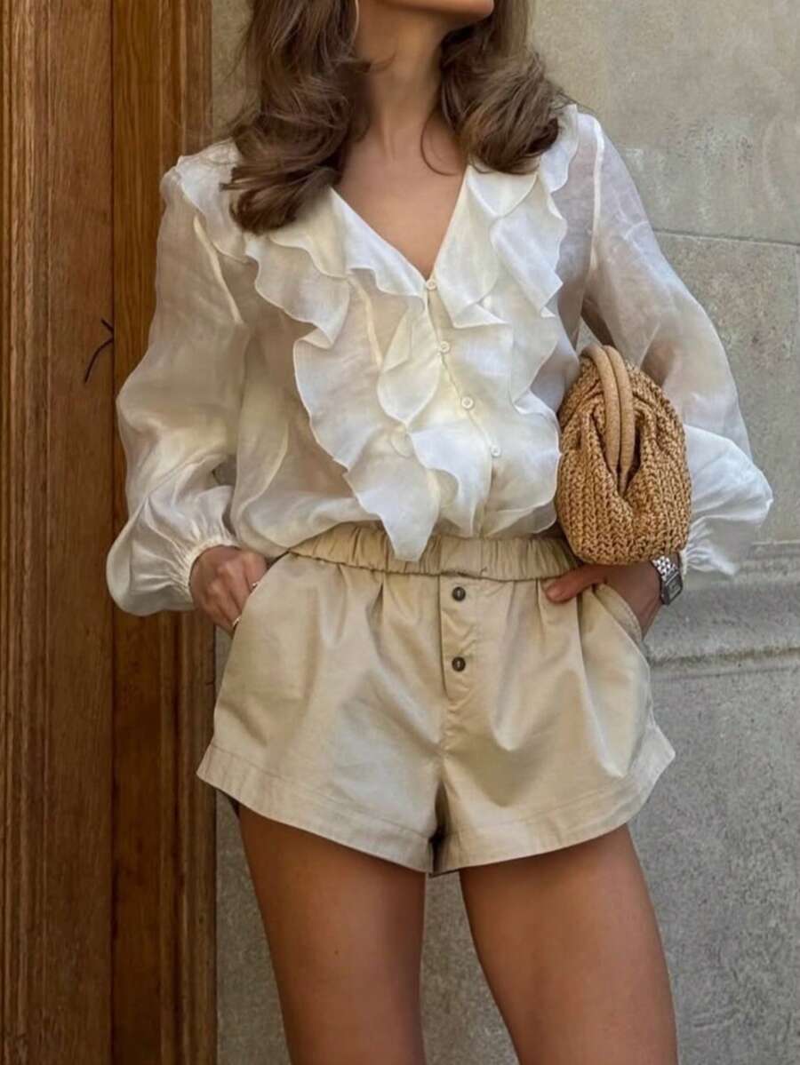 Camellia Spring/Summer New Layered Ruffle Decor Elegant Versatile Women's Semi-Sheer Blouse - Off-white - View 1
