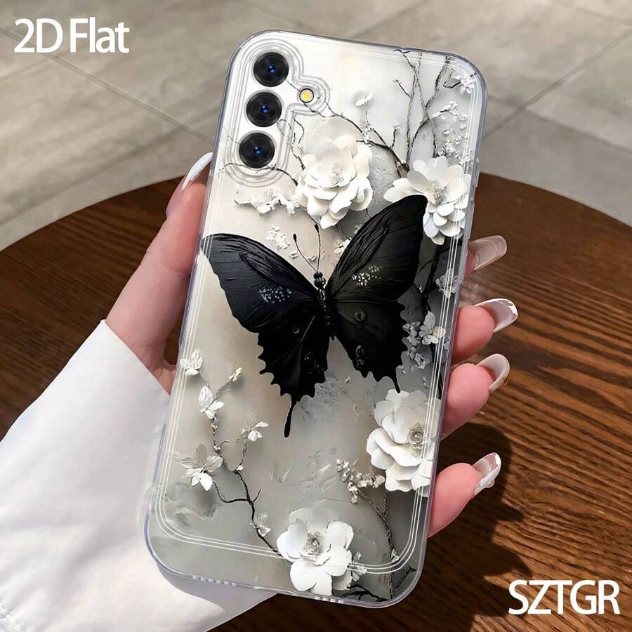 Funda para teléfono - Transsion Redmi HONOR 2D, diseño de mariposa negra y flor blanca, estilo minimalista y estético elegante, para Galaxy S22 23 S24 S25 A13 A14 A15 A16 A36 A52 A17 A33 A34 A53 A54. Regalo de vacaciones, regalo perfecto, regalo para amantes, regalo de cumpleaños, regalo para ella. - transparente - Ver 1