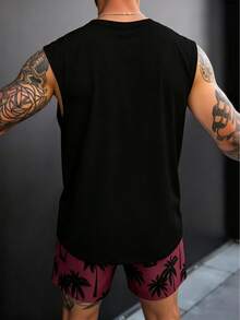 Men's Palm Tree Print Sleeveless Crew Neck Tank Top And Shorts Casual Set - Red - View 4
