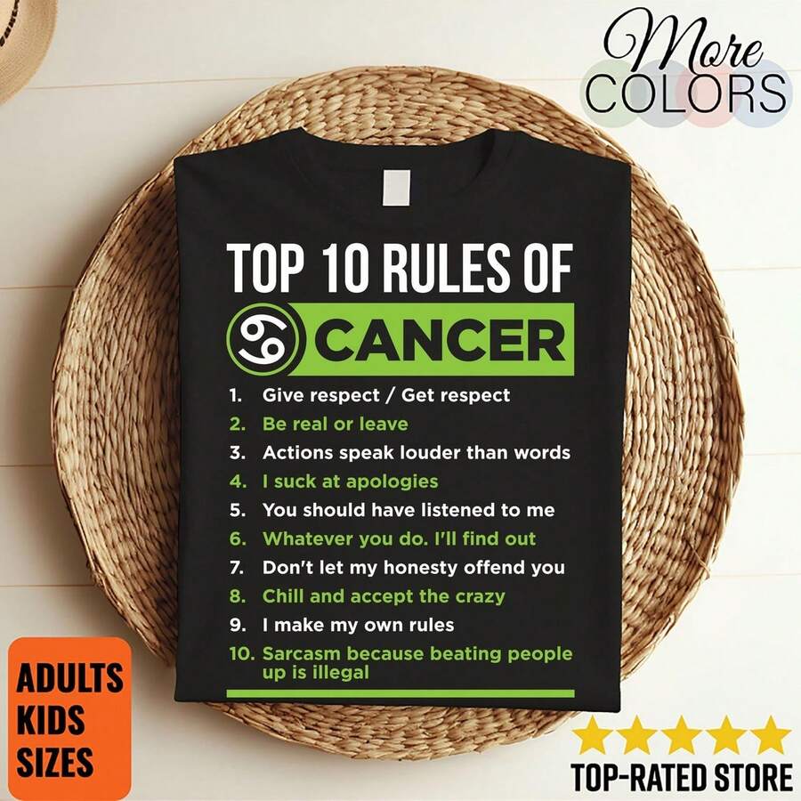 Cancer Top 10 Rules Horoscope Zodiac Astrological Sign Funny TShirt, Born June 21 to July 22, Gifts, Cancer Birthday Christmas Present T1EEs - Negro - Ver 1
