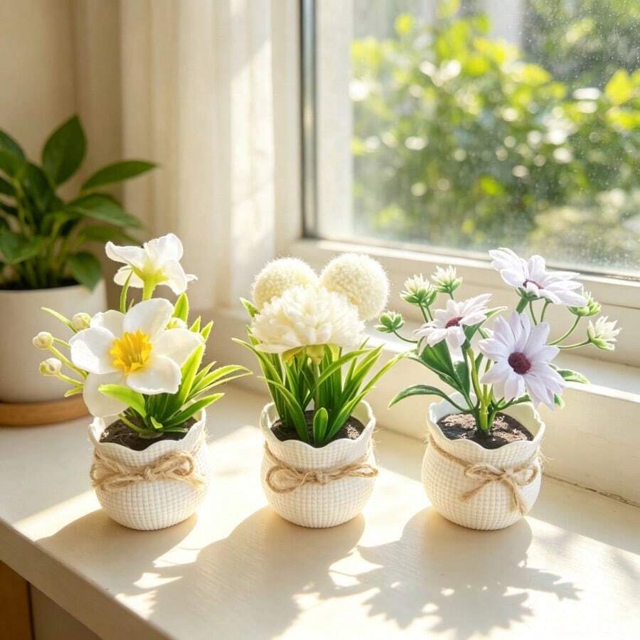 3PCS Mini Artificial Daffodil Chrysanthemum Succulent Potted Plants, Plastic Flower Pots, Suitable For Home Office Restaurant Desktop, Windowsill, Shelf Decoration, Photography Props Bonsai, Wedding, Gift - Multicolor - View 1