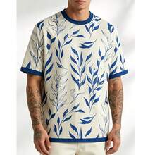 Off-White Blue Leaf Print Short Sleeve T-Shirt, Breathable Fabric Short Sleeve - Lightweight Summer Top - Multicolor - View 1