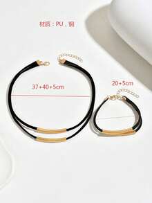 2pcs Set Leopard Print Metallic Creative European & American Style Line Necklace And Bracelet Set, Autumn/Winter - Black - View 5