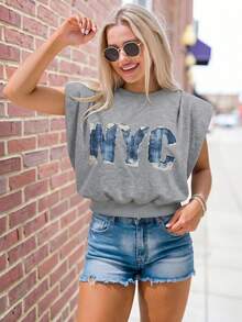 UREREM Áo thun nữ dệt kim dáng ngắn, vai độn, chiết eo, in chữ New York, cổ tròn, phong cách casual thanh lịch, mặc mùa hè đi học/đi biển/hàng ngày - Xám - Xem 1