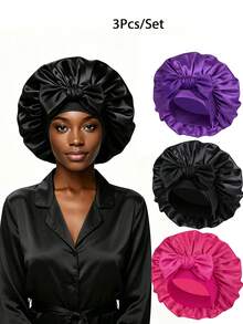 1pc Women's Satin Sleeping Cap, Elastic Strap Design, Smooth & Silky, Colorful Satin Material, Casual Home Daily Hair Care Sleeping Hat Hair Sleep Cap Sleep Bonnet,Summer,Beach - Black - View 7