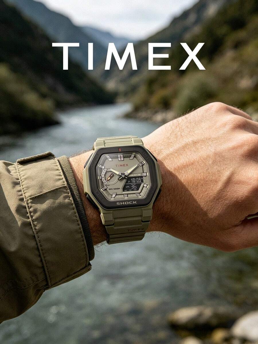 Timex Mens Shock Resistant Analog Watch Octagonal Case Resin Strap World Time Split Countdown Multifunctional Sports Watch for Outdoor Camping Gift for Male - 軍綠色 - 查看 1