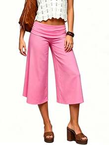 Women 's Fold Over Lounge Capris Wide Leg Low Rise Cropped Gaucho Pants Solid Color Flowy Pajama Bottom - 玫瑰紅 - 查看 3